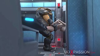 3d monster plays with a young woman in the Mars base camp