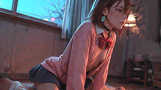 Nighttime Seduction - Red Bow Unfastened, Blue Skirt Lifted, Secret Nipples Exposed Under Soft Light