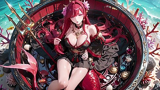 Red-haired Mermaid in Black Gown! Kneeling by the Pool, Lips & Mesmerizing Eyes.