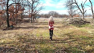 Little Whore Strips Off Her Red Bodysuit On The Highway