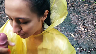 Brunette Girl in Yellow Raincoat Sucks Cock Outdoors