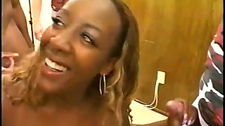 Four guys fill this black whore's pussy and asshole