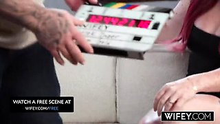 Redhead Wifey Peach Takes Two Big Black Cocks in Spitroast as Hubby Watches