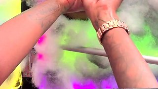 Hot blonde strokes and sucks black cock in glory hole