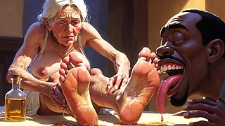 Old Granny Foot Worship - Man Licking Oiled Wrinkled Soles