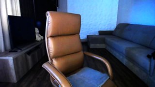 Busty curly brunette with big boobs fucks on couch