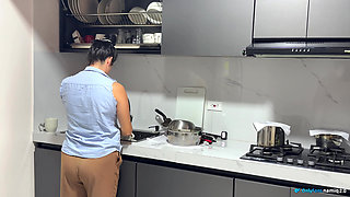 Passionate sex in the kitchen with a beautiful Latin wife with pink pussy!