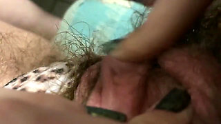 Morning orgasm big clit rubbing in extreme closeup super hairy pussy