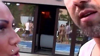 Outdoor DP Threesome Blonde Babes Wild Poolside Fuck