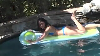 Brunette Babe Gets Her Bush Railed by a Bald Guy at the Pool and in the House