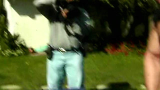 Amazing blonde babe gets a facial after outdoor fuck by the pool