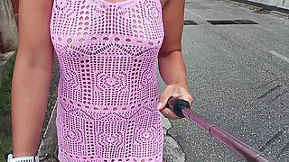 A Public Walk Around the City Without Underwear in a Transparent Dress