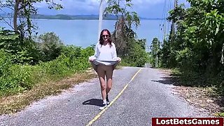 Brunette Teen Kelly Loses Strip Cup Ball Game Outdoor - Flashing Tits & Upskirt