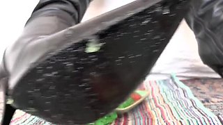 Smoking MILF Mistress Lady Victoria Valente POV - German Femdom Crushes Green Jelly Dessert With Leather Boots