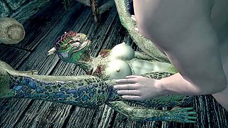 Lusty Argonian maid Naruka stretches her legs in a sexy animated adventure