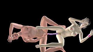 Animated 3D Porn - Beautiful Girl and Asian Man Double Dildo Doggy While Man Stroking