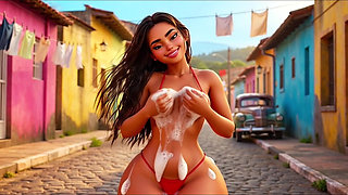Hot Slim Favelada with Huge Ass Washes Car Wearing Tiny Wet Bikini Then Gets Fully Naked Covered in Thick Foam