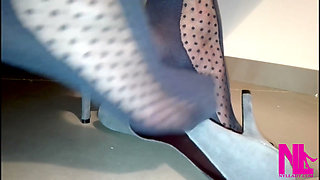 Sensual Shoeplay in Grey Patent Pumps and Blue Charmant Pantyhose
