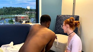 Stacked redhead MILF rewards black lover with special titjob