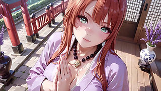 Red-haired Kimono Goddess! Kneeling Under the Sacred Torii Gate, She Adjusts Her Soaked Backless Outfit with a Shy Gaze.