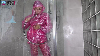 Slippery Pink Pvc Shower Tease: Soaked and Squeaky Fun