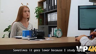 Hot redhead girl in seductive stockings comes to her loaner and offers her tight ass for some wild fucking in exchange for some money