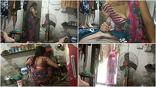 Stepmom in the kitchen shows her big nipples and gives her stepson a Hindi audio