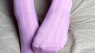 Pink Socks in Hands of Mistress with Blue Nails in Solo Video