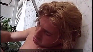 Bathroom fuck for the hairy puss MILF in sexy stockings