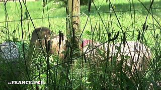Milf gangbanged with two old perverts outdoor